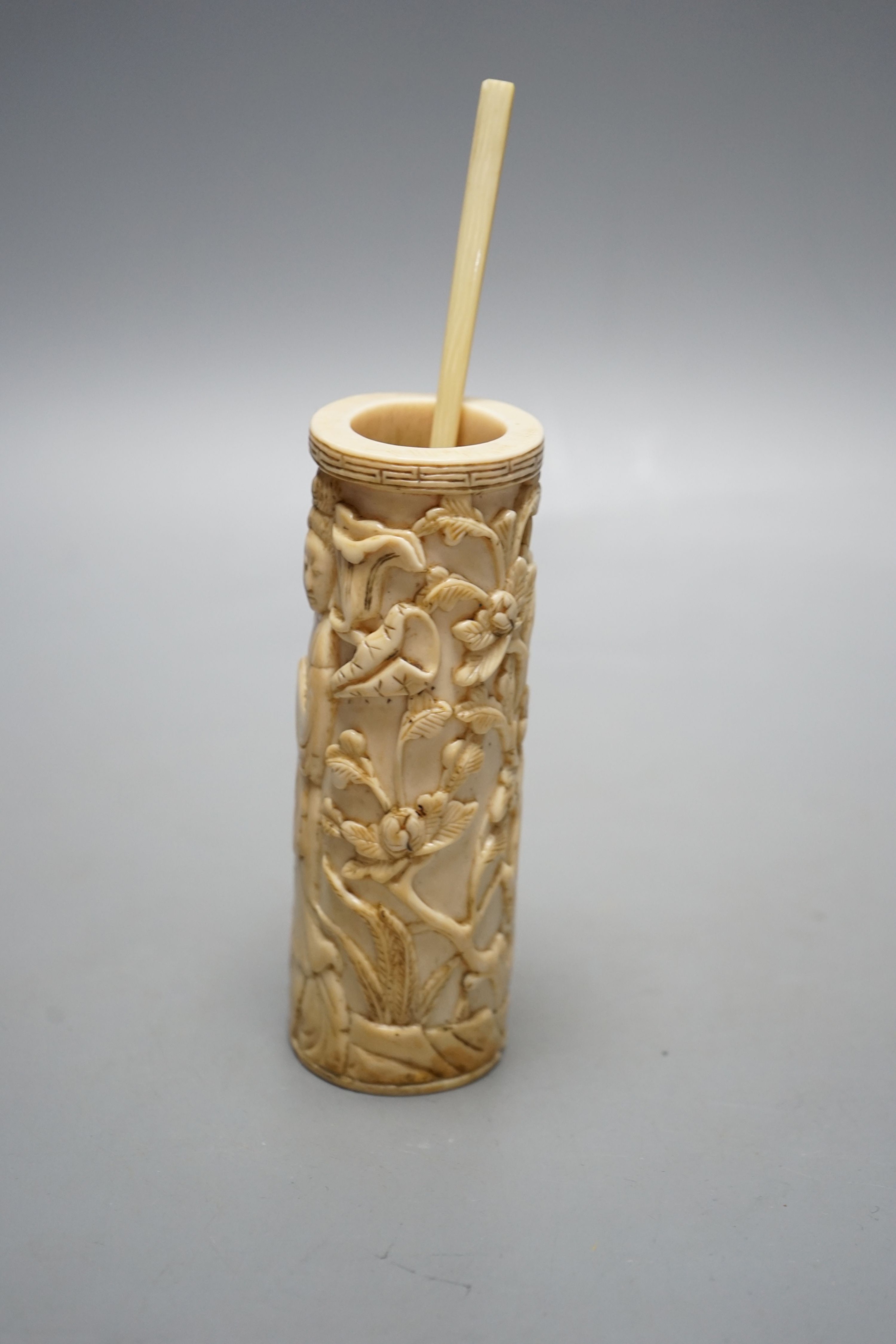 A Chinese 19th century ivory snuff spoon and a brush pot with lady, brush pot 12 cms high.